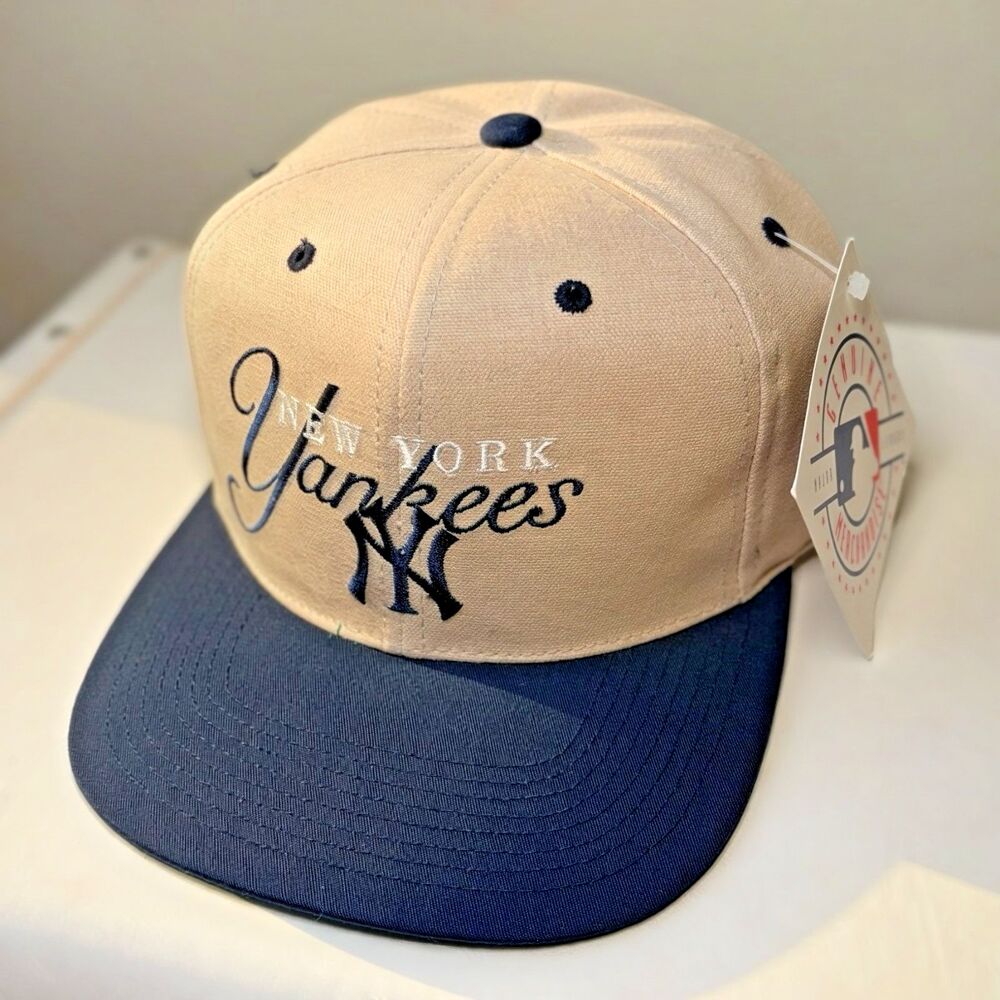 VTG New York Yankees Script Wool Hat Tan Navy Blue Outdoor Cap Co MLB Rare NWT